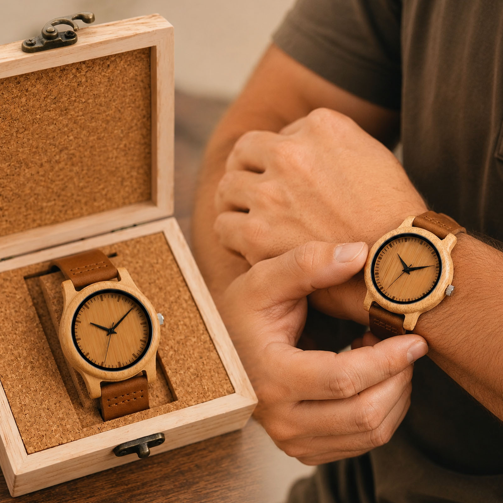Couple Watches Smartwatch - 高品質の時計竹ケース男性女性腕時計クォーツムーブメントファッションブラウン本革リストバンドカップルギフト彼女/彼へ