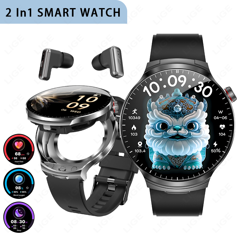 Smartwatch Noise Watches For Men - LIGE新型TWS 2 in 1ヘッドセットスマートウォッチ1.85インチBluetooth通話イヤホン付きスマートウォッチ男性用心拍数健康モニター音楽ウォッチ2026