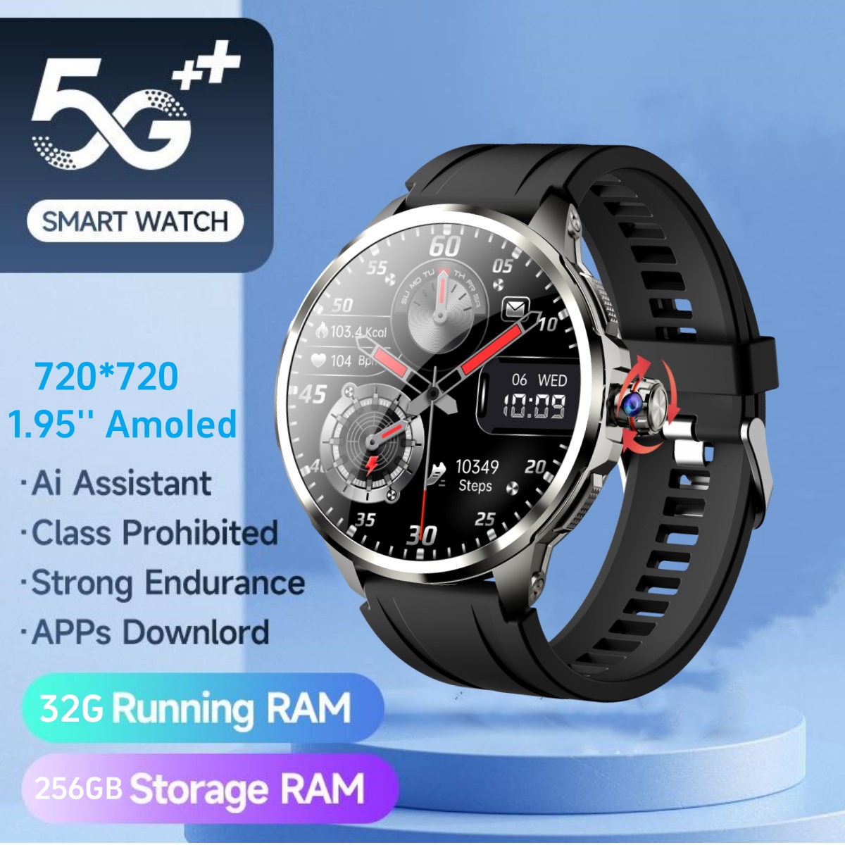 Smartwatch Watch Whatsapp - 大型AMOLEDスマートウォッチ,190 ° 回転カメラ,GPS位置,ヘルスモニタリング,1.95インチ,新品,h99