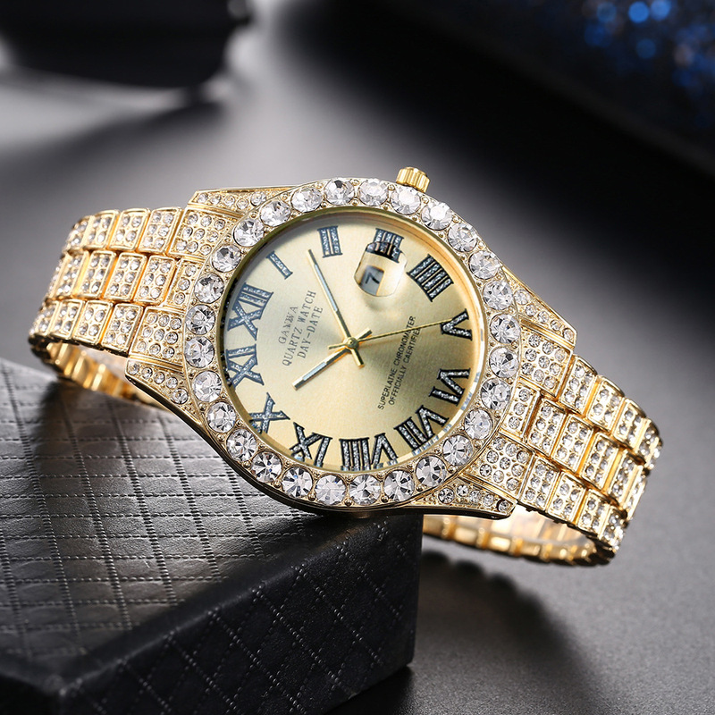 Smartwatch Luxury Watches - メンズクォーツ腕時計、高級スチールバンド、フルダイヤモンド、星空デザイン、男性用ビジネス腕時計、ハイエンドローマ数字カレンダー腕時計