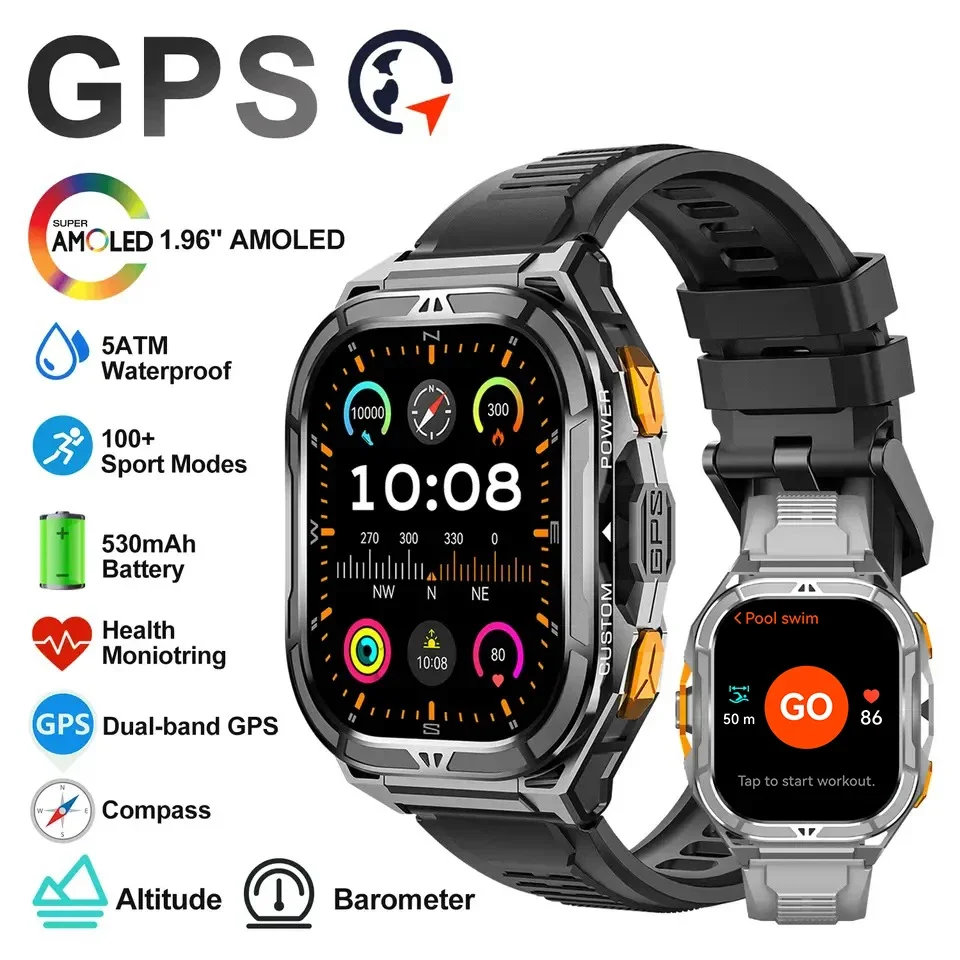 Smartwatch Digital Watches For Men - 高級AMOLEDスマートウォッチ、リアルGPS搭載、5ATM防水、電子時計、スポーツリストデジタルウォッチ、男性用、Android対応、2026年モデル
