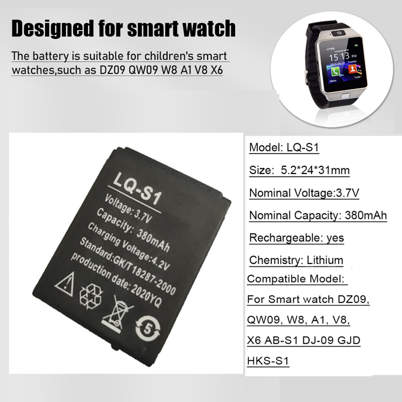 充電式リチウム電池LQ-S1個,3.7v,380mah,スマ - Watch V8 のレビューと価格